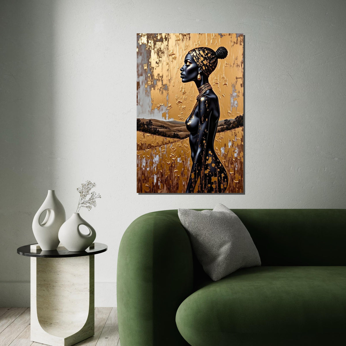Gold Foil Headwrap Woman Canvas Print, Monochrome African Profile Art, Luxury Metallic Textured Wall Decor, Modern Fashion Portrait