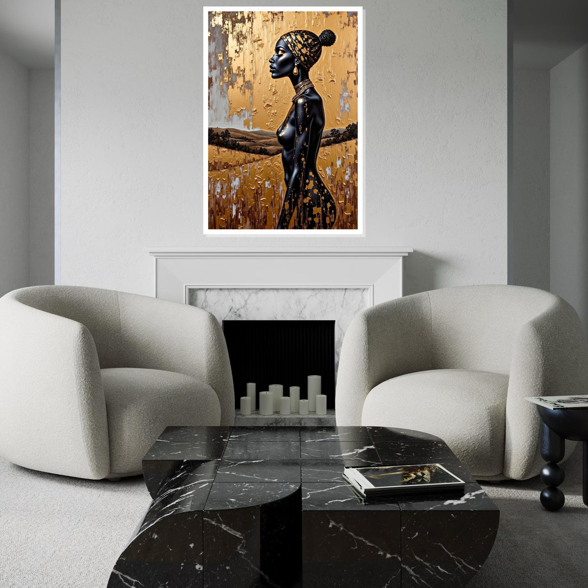 Gold Foil Headwrap Woman Canvas Print, Monochrome African Profile Art, Luxury Metallic Textured Wall Decor, Modern Fashion Portrait