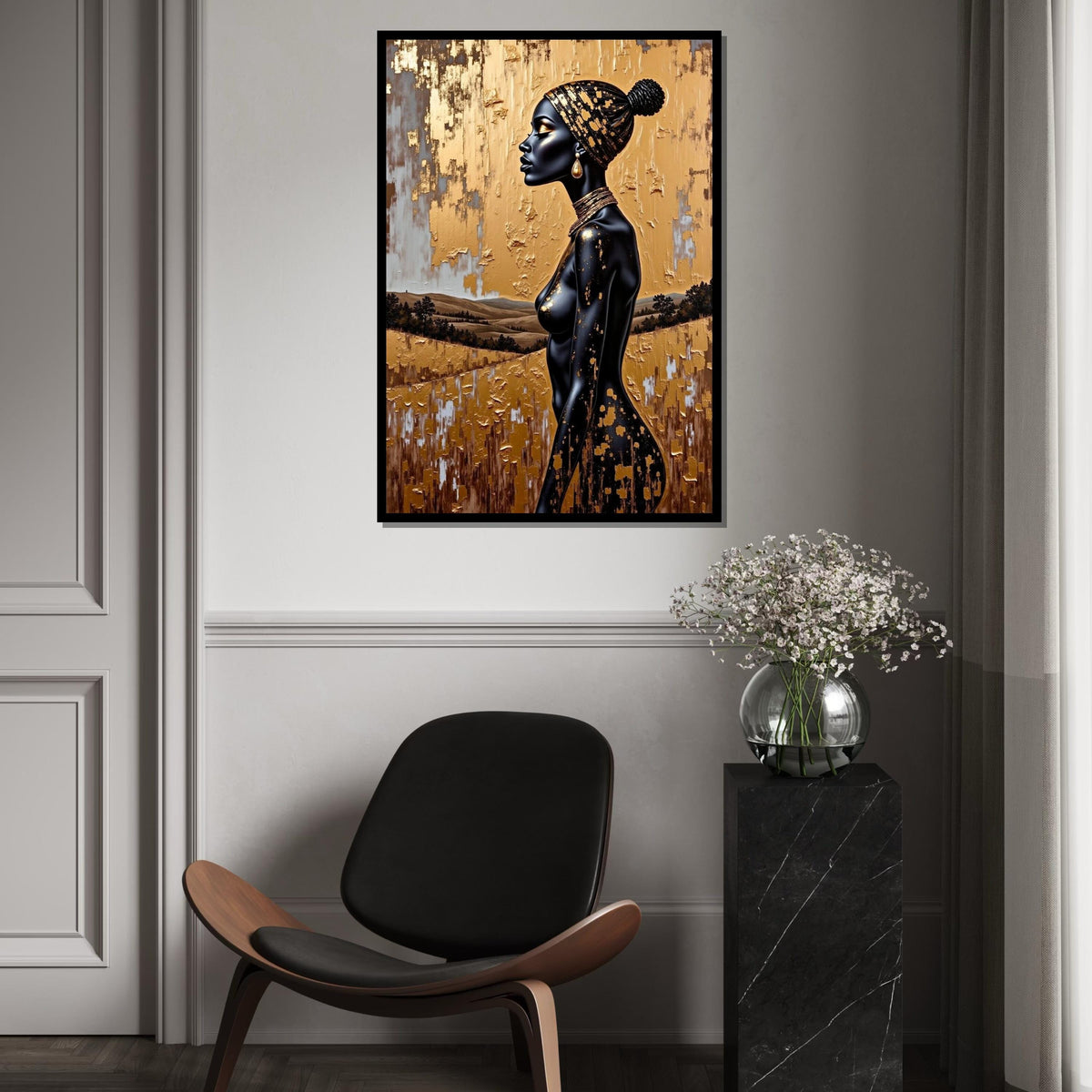 Gold Foil Headwrap Woman Canvas Print, Monochrome African Profile Art, Luxury Metallic Textured Wall Decor, Modern Fashion Portrait