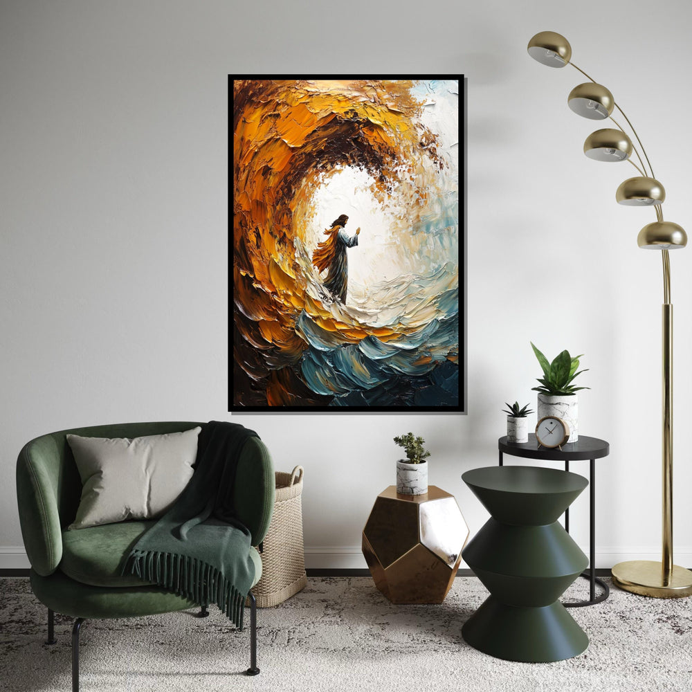 Impasto Jesus Walking on Waves Canvas Print, Thick Textured Biblical Art, Dramatic Swirling Sea,Savior Portrait, Modern Religious Wall Decor