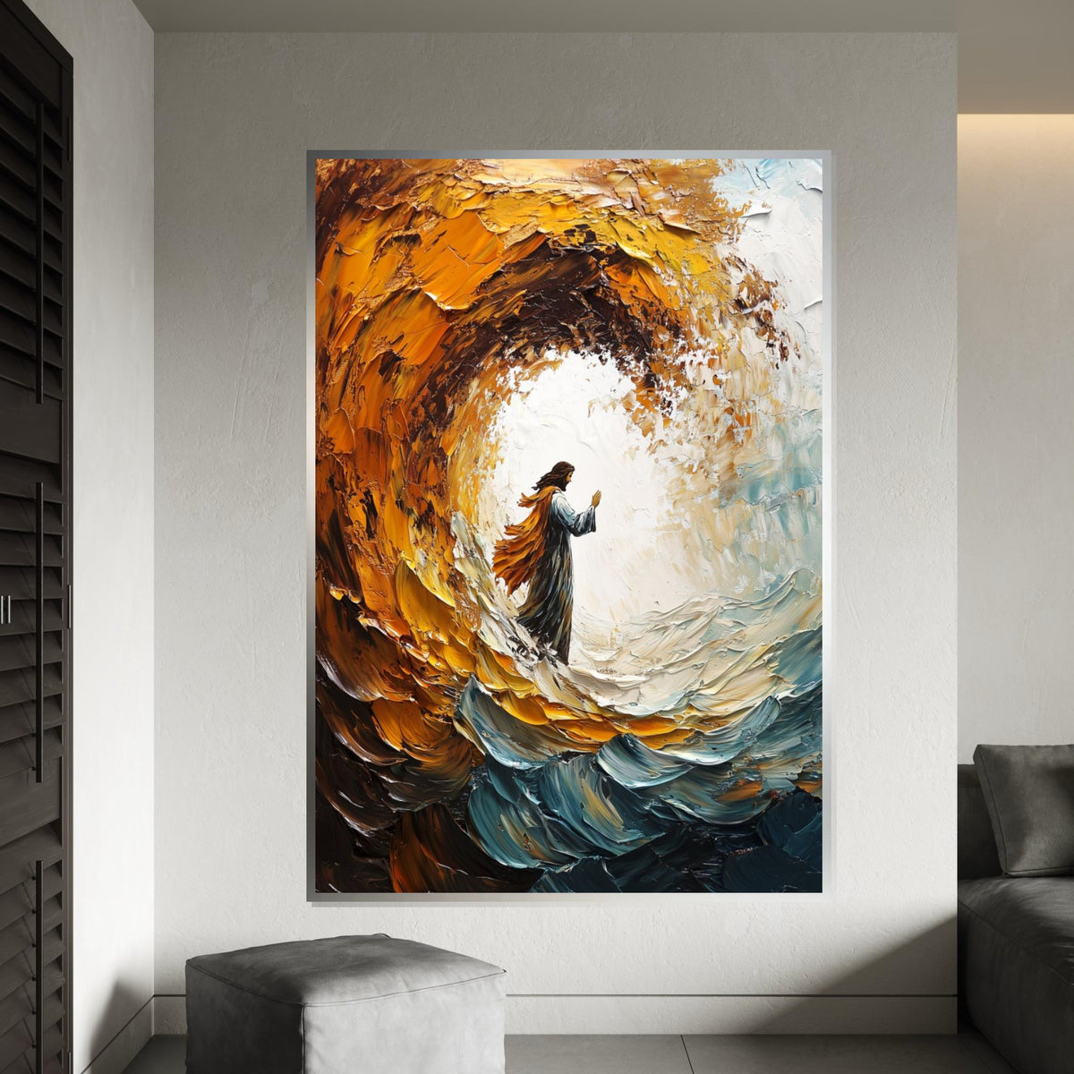 Impasto Jesus Walking on Waves Canvas Print, Thick Textured Biblical Art, Dramatic Swirling Sea,Savior Portrait, Modern Religious Wall Decor