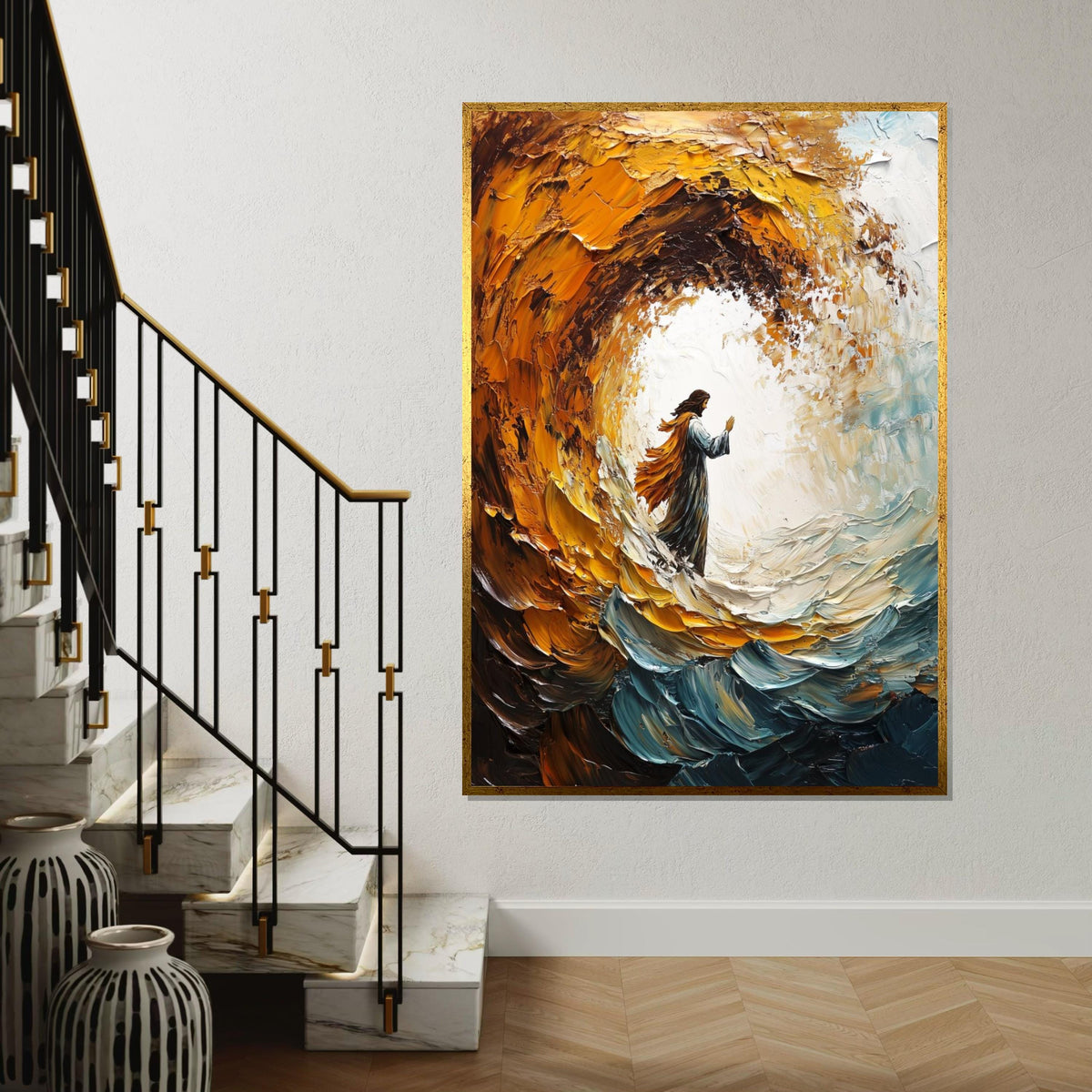 Impasto Jesus Walking on Waves Canvas Print, Thick Textured Biblical Art, Dramatic Swirling Sea,Savior Portrait, Modern Religious Wall Decor