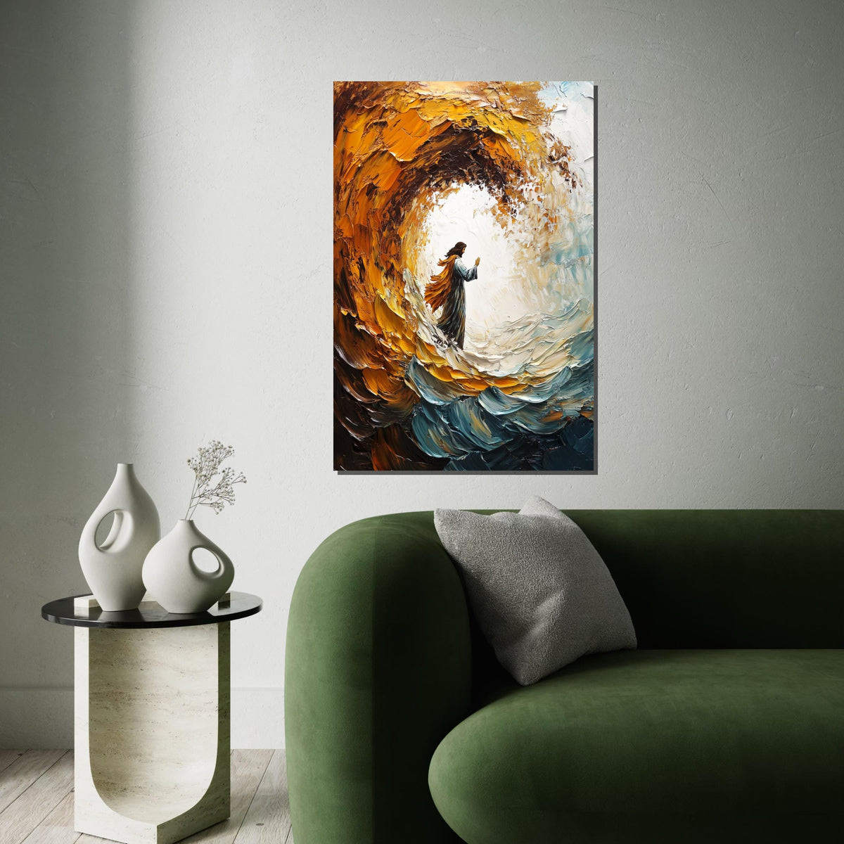 Impasto Jesus Walking on Waves Canvas Print, Thick Textured Biblical Art, Dramatic Swirling Sea,Savior Portrait, Modern Religious Wall Decor