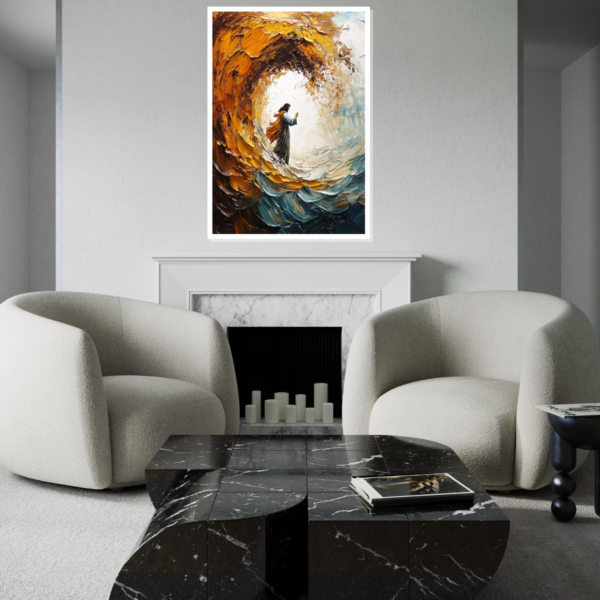 Impasto Jesus Walking on Waves Canvas Print, Thick Textured Biblical Art, Dramatic Swirling Sea,Savior Portrait, Modern Religious Wall Decor