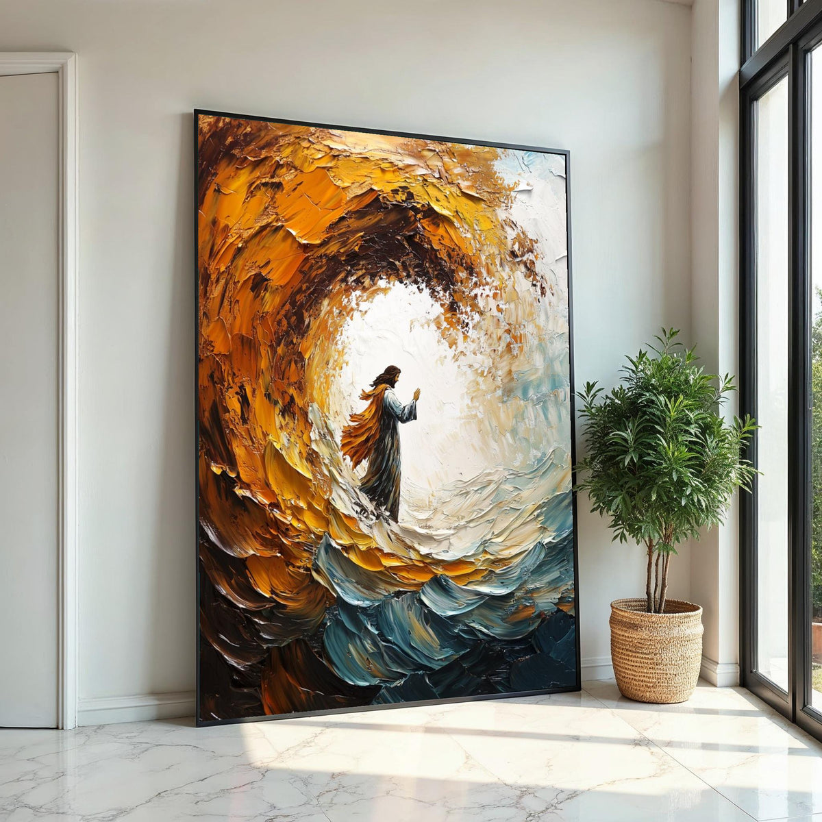 Impasto Jesus Walking on Waves Canvas Print, Thick Textured Biblical Art, Dramatic Swirling Sea,Savior Portrait, Modern Religious Wall Decor
