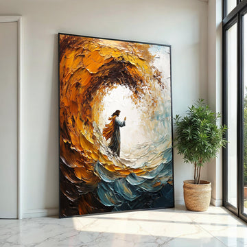 Impasto Jesus Walking on Waves Canvas Print, Thick Textured Biblical Art, Dramatic Swirling Sea,Savior Portrait, Modern Religious Wall Decor