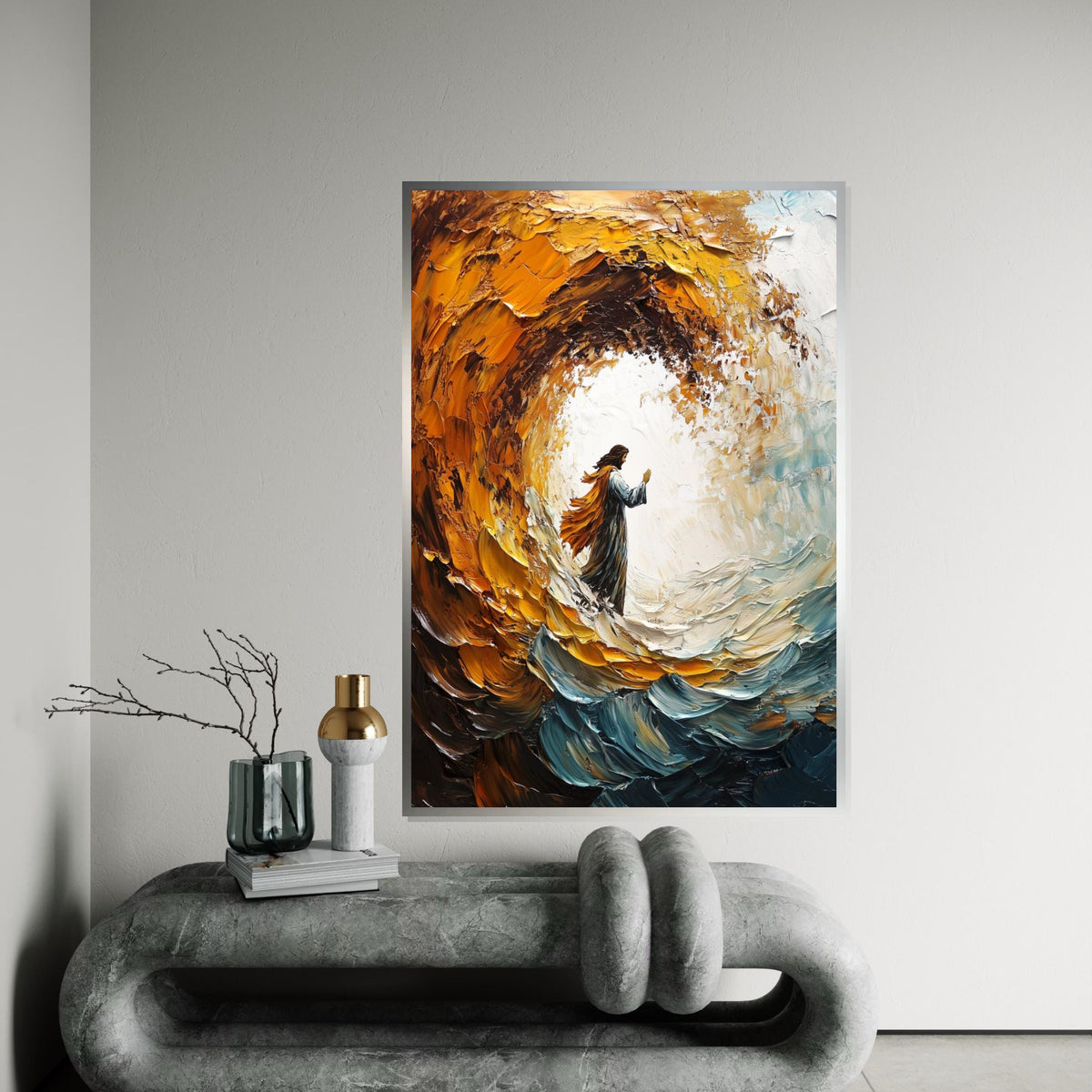 Impasto Jesus Walking on Waves Canvas Print, Thick Textured Biblical Art, Dramatic Swirling Sea,Savior Portrait, Modern Religious Wall Decor