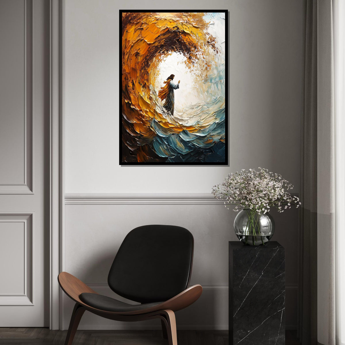 Impasto Jesus Walking on Waves Canvas Print, Thick Textured Biblical Art, Dramatic Swirling Sea,Savior Portrait, Modern Religious Wall Decor