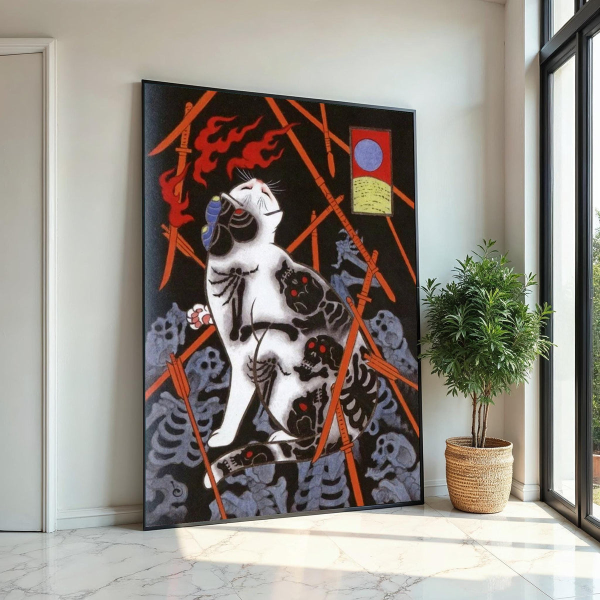 Japanese Skeleton Tattoo Cat Canvas Print – Dark Oriental Cat Art with Arrows & Bones for Gothic Wall Decor, Unique Animal Lover Gift