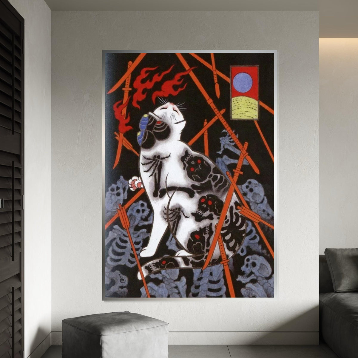 Japanese Skeleton Tattoo Cat Canvas Print – Dark Oriental Cat Art with Arrows & Bones for Gothic Wall Decor, Unique Animal Lover Gift