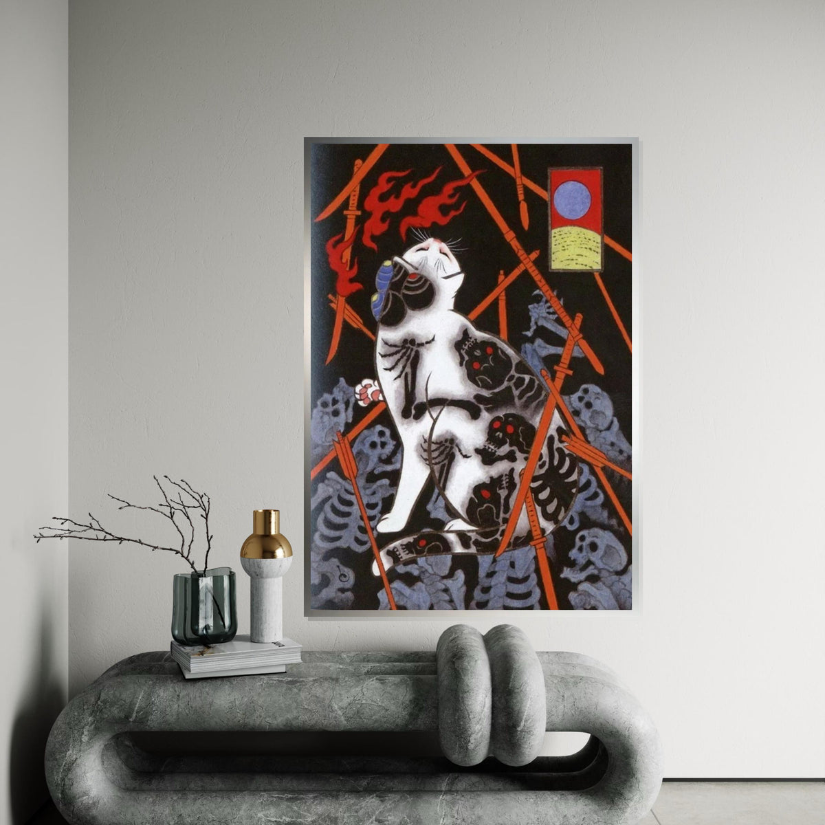 Japanese Skeleton Tattoo Cat Canvas Print – Dark Oriental Cat Art with Arrows & Bones for Gothic Wall Decor, Unique Animal Lover Gift