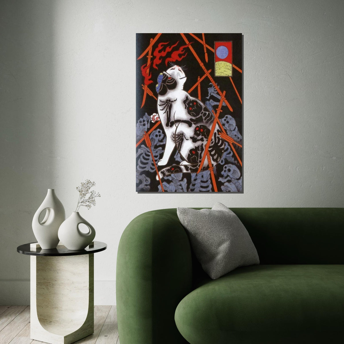 Japanese Skeleton Tattoo Cat Canvas Print – Dark Oriental Cat Art with Arrows & Bones for Gothic Wall Decor, Unique Animal Lover Gift
