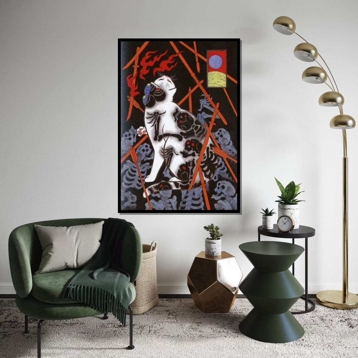 Japanese Skeleton Tattoo Cat Canvas Print – Dark Oriental Cat Art with Arrows & Bones for Gothic Wall Decor, Unique Animal Lover Gift