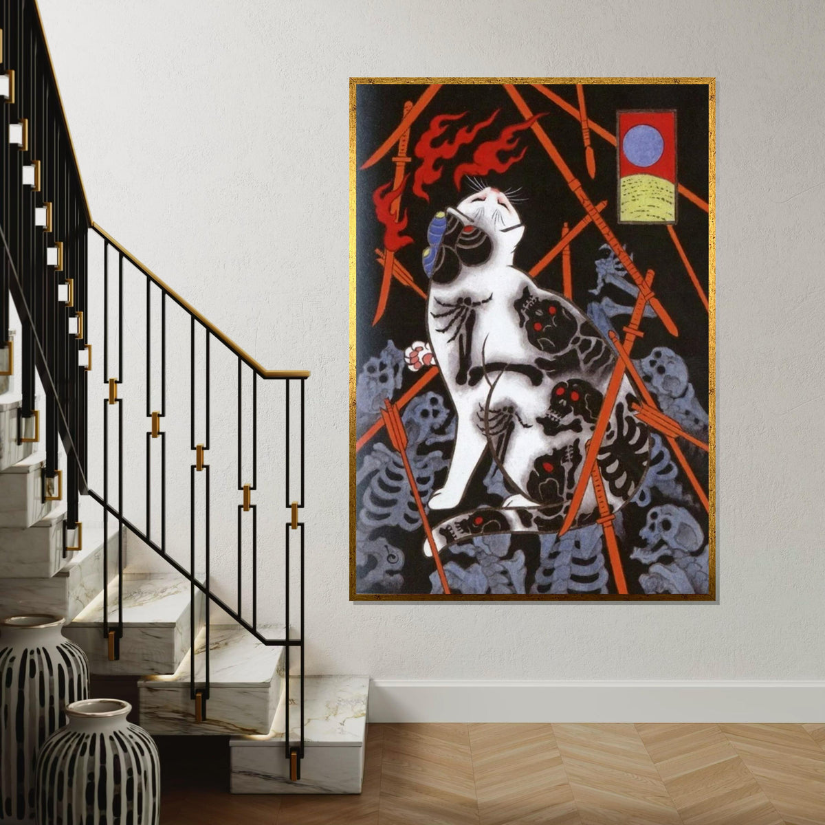 Japanese Skeleton Tattoo Cat Canvas Print – Dark Oriental Cat Art with Arrows & Bones for Gothic Wall Decor, Unique Animal Lover Gift