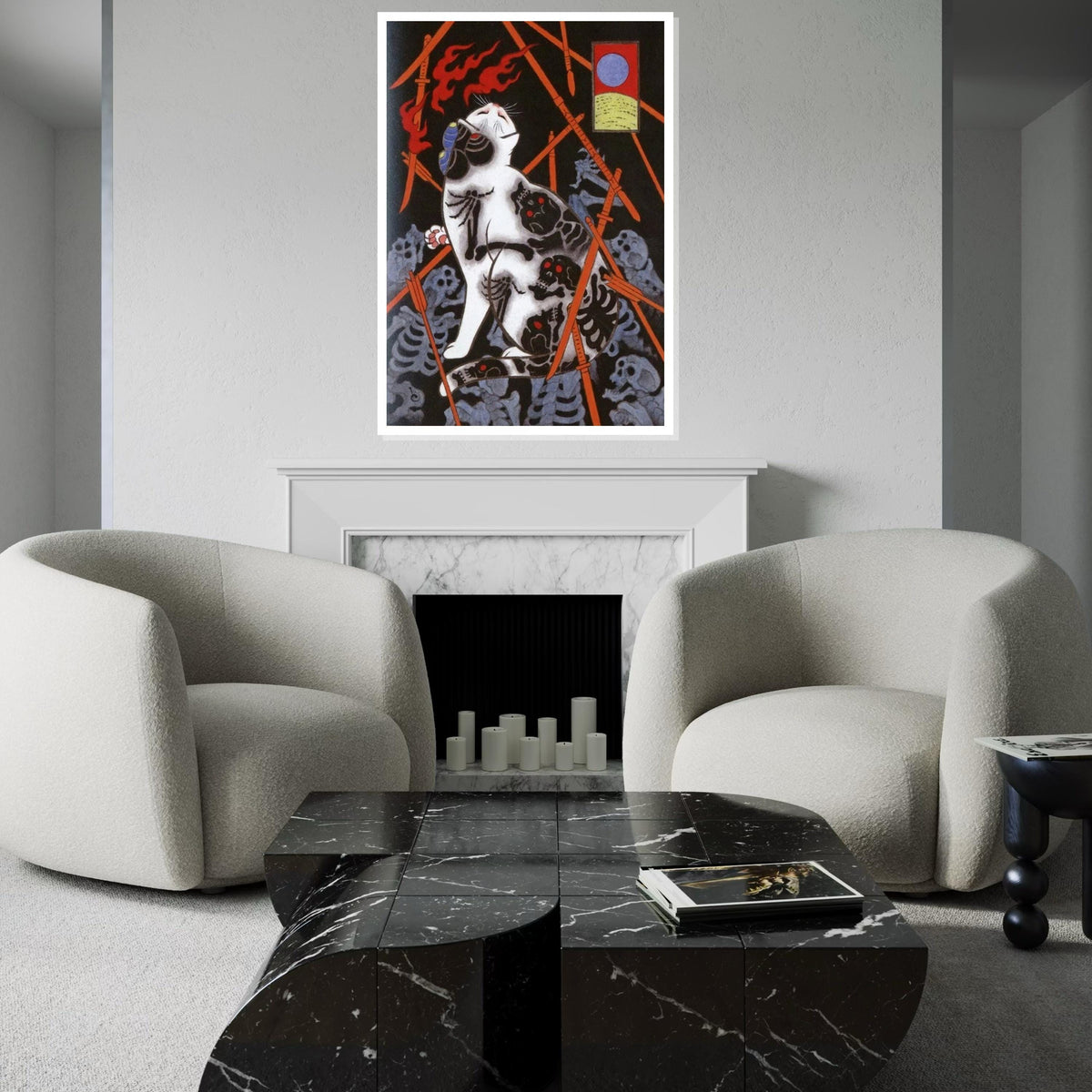 Japanese Skeleton Tattoo Cat Canvas Print – Dark Oriental Cat Art with Arrows & Bones for Gothic Wall Decor, Unique Animal Lover Gift