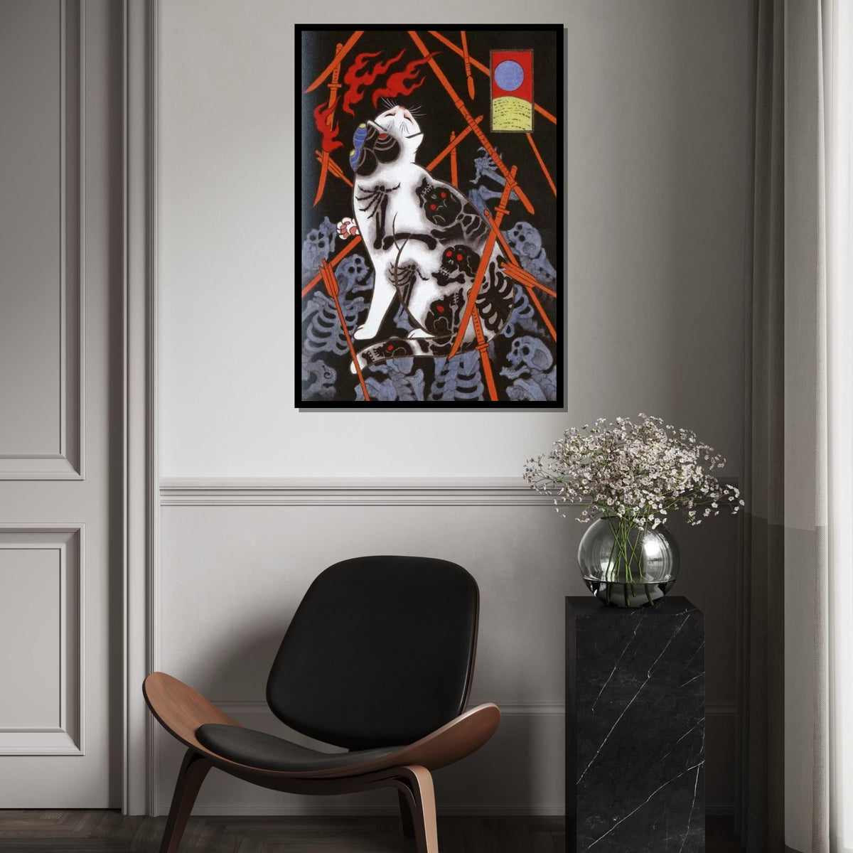Japanese Skeleton Tattoo Cat Canvas Print – Dark Oriental Cat Art with Arrows & Bones for Gothic Wall Decor, Unique Animal Lover Gift