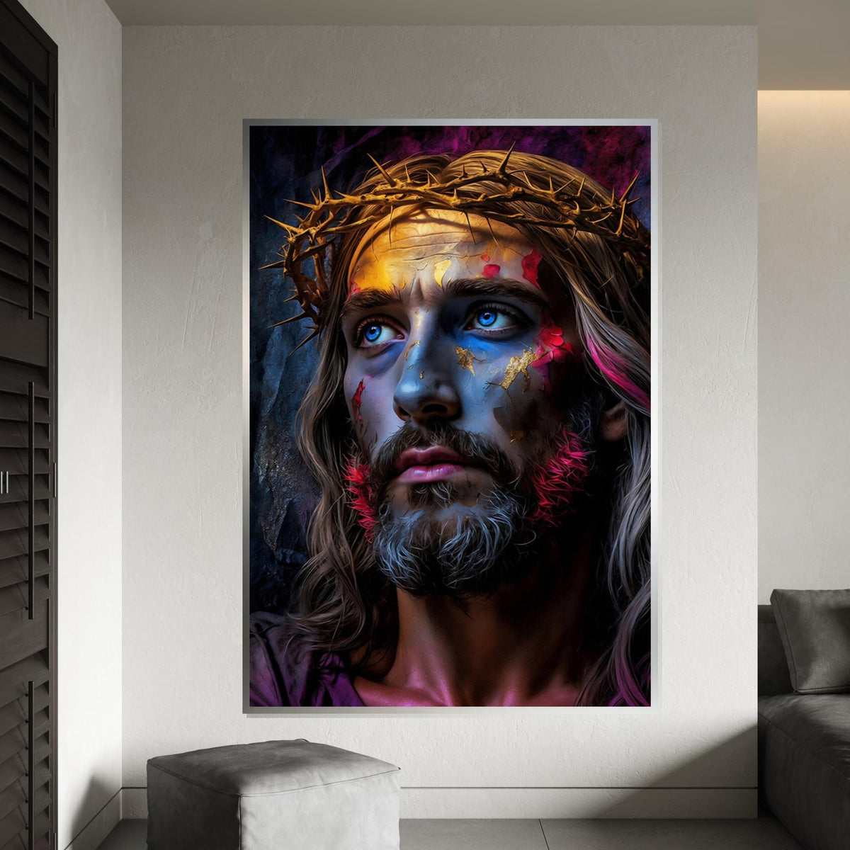 Abstract Jesus Christ Canvas Art Print – Vibrant Crown of Thorns Portrait Wall Decor for Living Room, Church, Office & Spiritual Gift