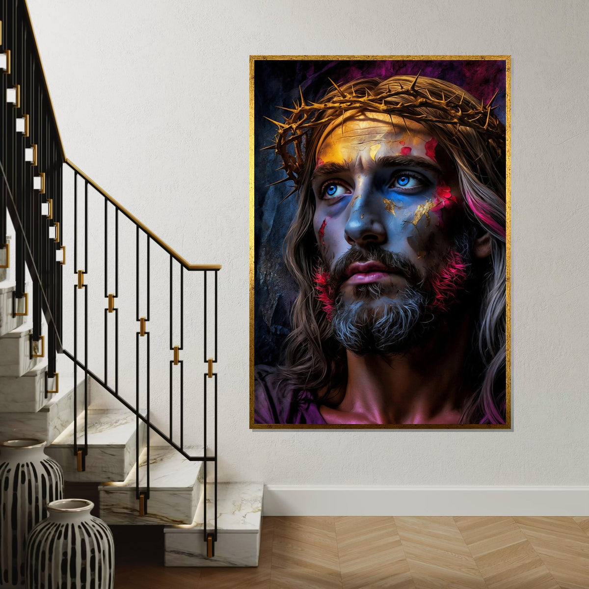Abstract Jesus Christ Canvas Art Print – Vibrant Crown of Thorns Portrait Wall Decor for Living Room, Church, Office & Spiritual Gift