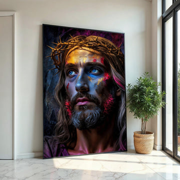 Abstract Jesus Christ Canvas Art Print – Vibrant Crown of Thorns Portrait Wall Decor for Living Room, Church, Office & Spiritual Gift