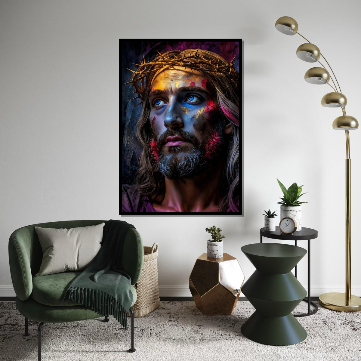 Abstract Jesus Christ Canvas Art Print – Vibrant Crown of Thorns Portrait Wall Decor for Living Room, Church, Office & Spiritual Gift