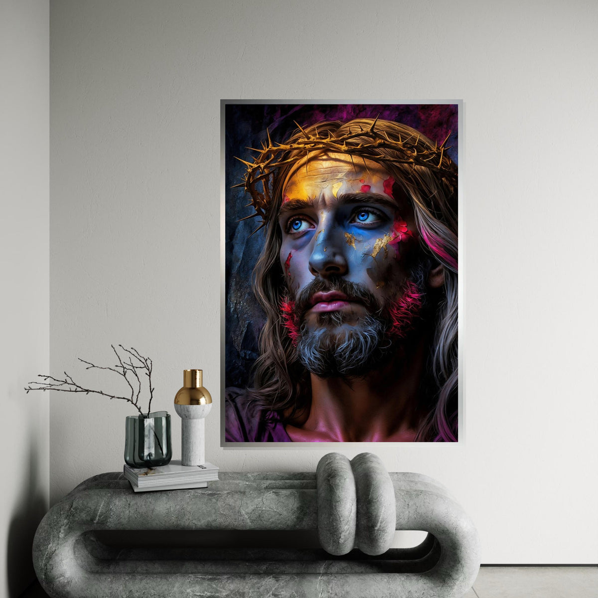 Abstract Jesus Christ Canvas Art Print – Vibrant Crown of Thorns Portrait Wall Decor for Living Room, Church, Office & Spiritual Gift
