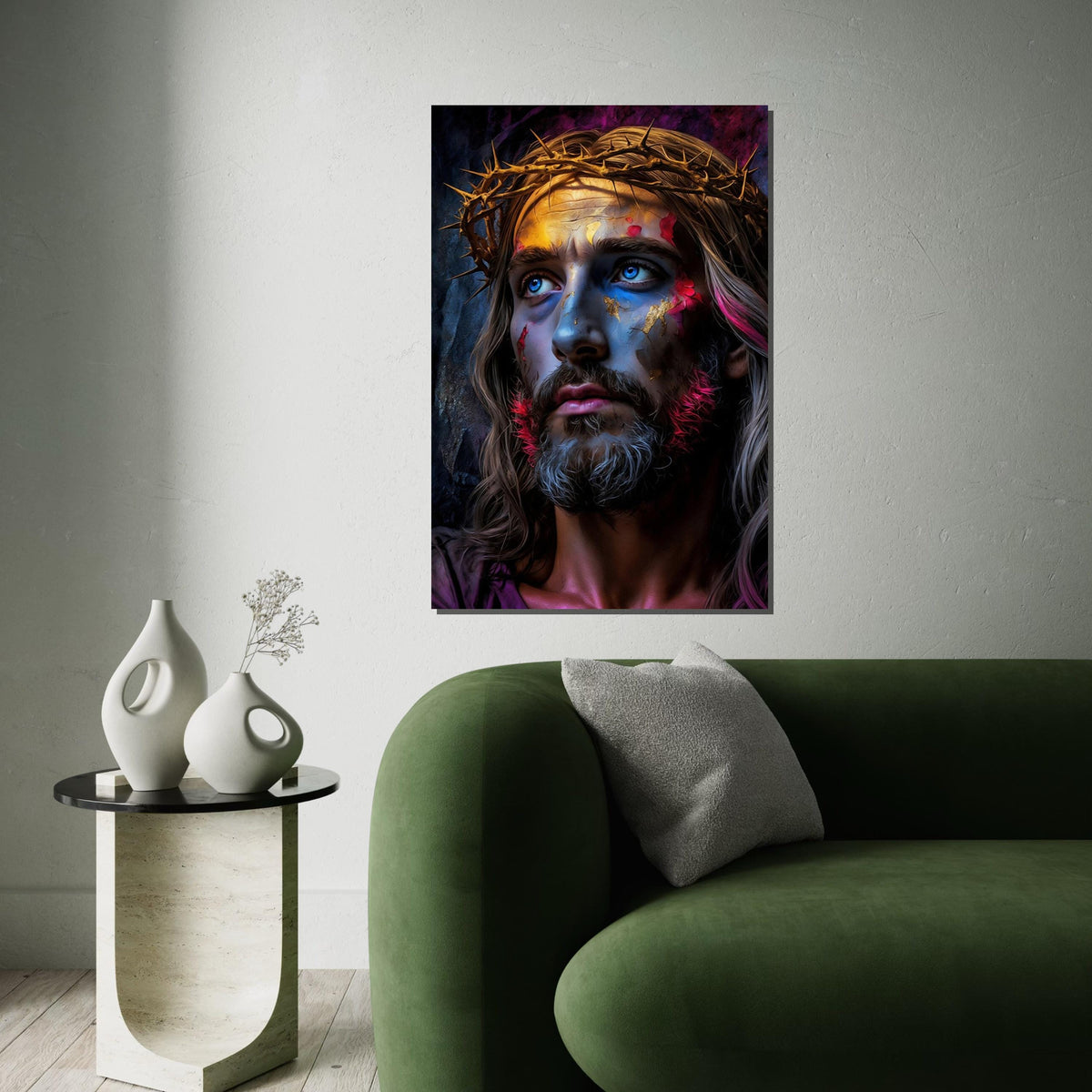 Abstract Jesus Christ Canvas Art Print – Vibrant Crown of Thorns Portrait Wall Decor for Living Room, Church, Office & Spiritual Gift