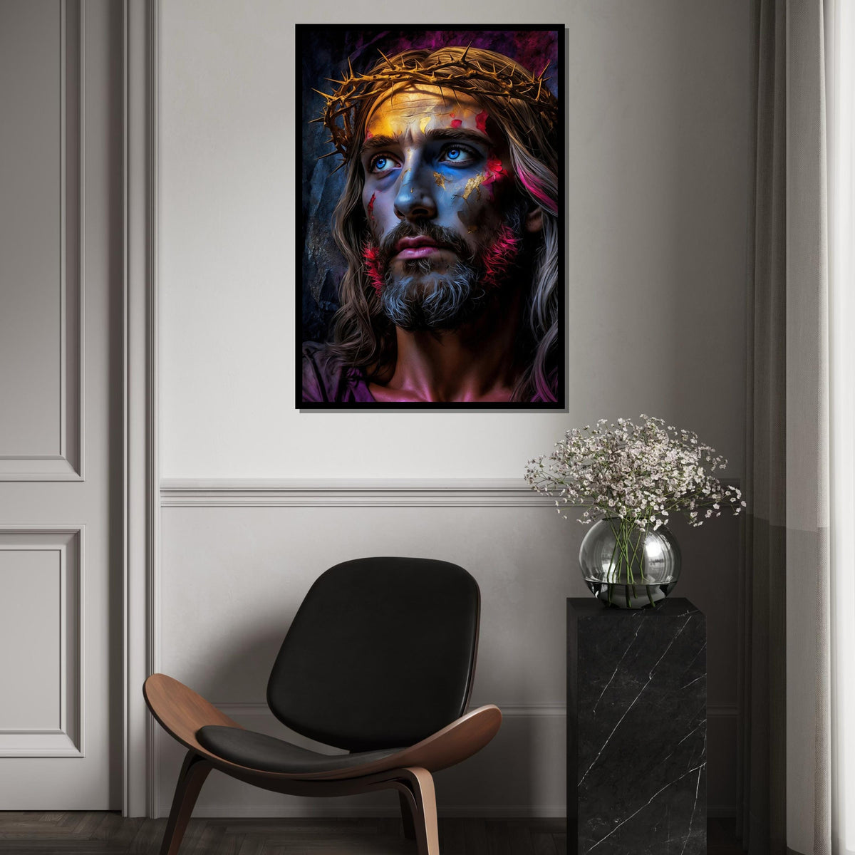 Abstract Jesus Christ Canvas Art Print – Vibrant Crown of Thorns Portrait Wall Decor for Living Room, Church, Office & Spiritual Gift