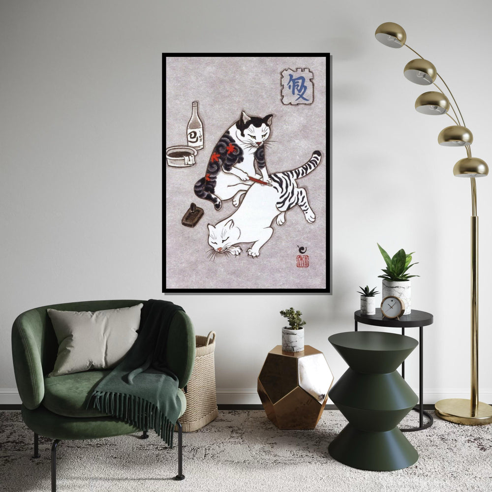 Japanese Cat Painting Canvas Print – Whimsical Cat Painting Another Cat Wall Art for Home & Office, Unique Oriental Animal Lover Gift