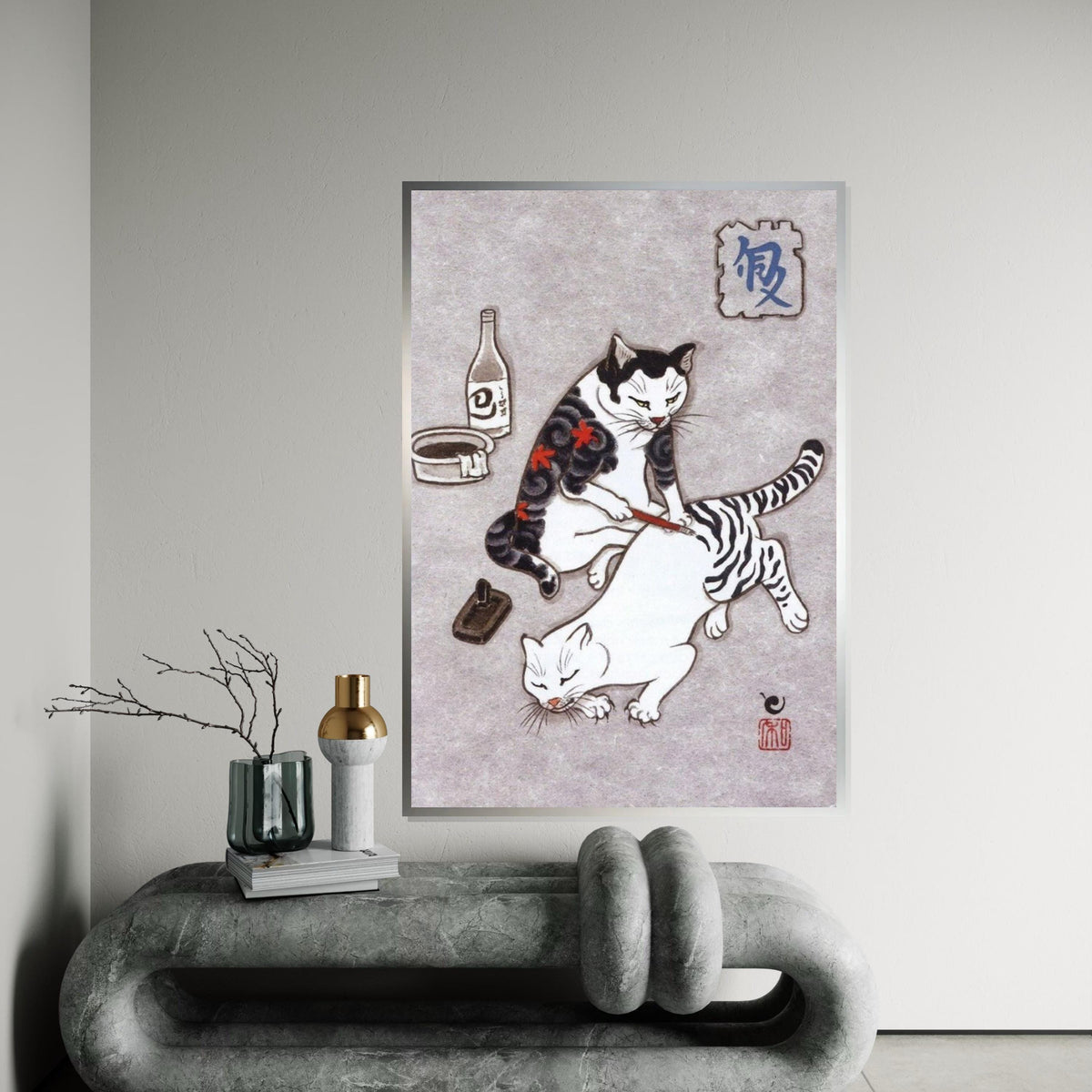 Japanese Cat Painting Canvas Print – Whimsical Cat Painting Another Cat Wall Art for Home & Office, Unique Oriental Animal Lover Gift