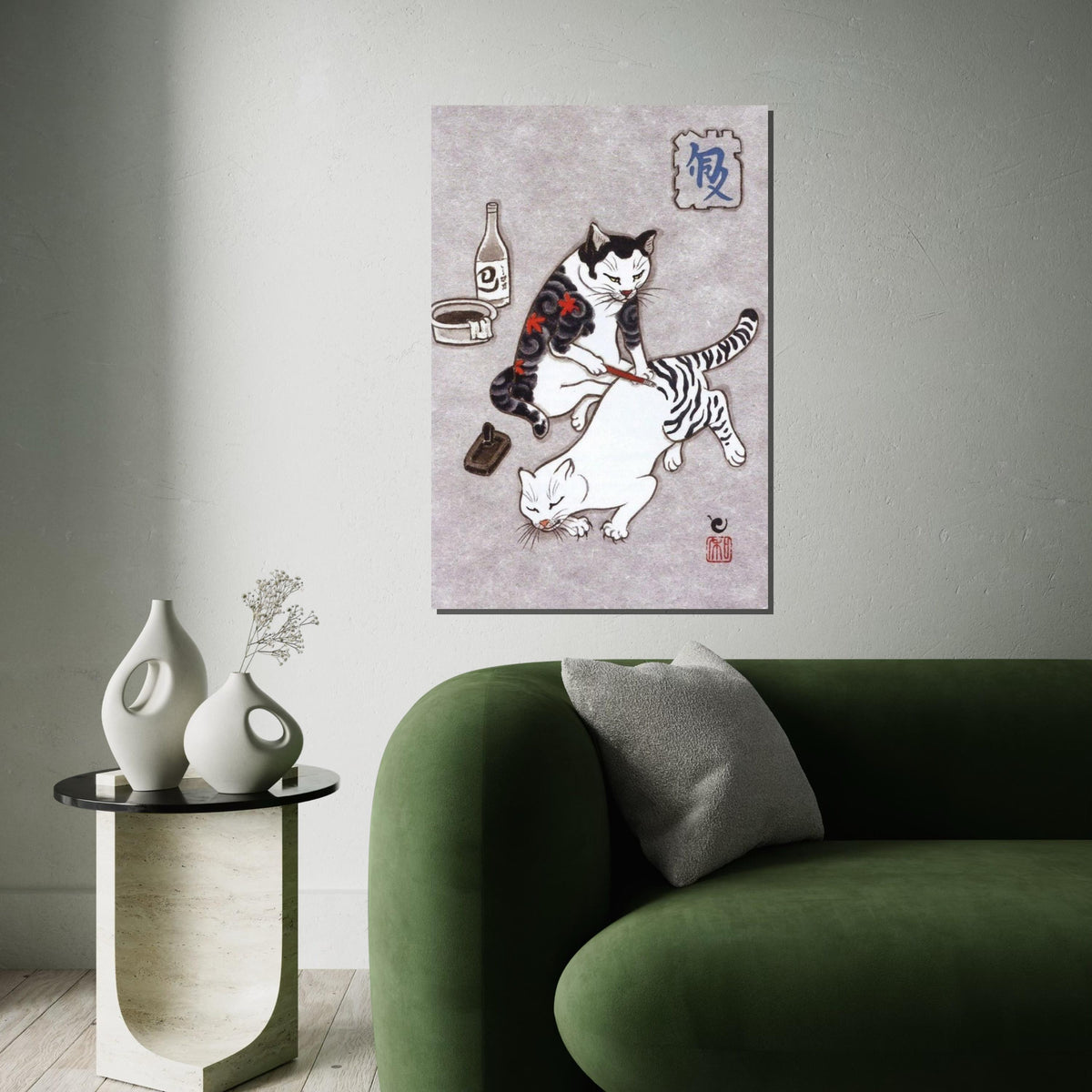 Japanese Cat Painting Canvas Print – Whimsical Cat Painting Another Cat Wall Art for Home & Office, Unique Oriental Animal Lover Gift