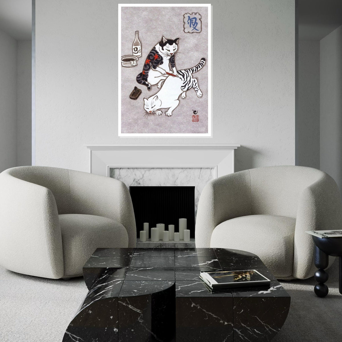 Japanese Cat Painting Canvas Print – Whimsical Cat Painting Another Cat Wall Art for Home & Office, Unique Oriental Animal Lover Gift