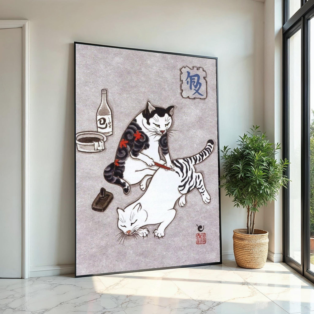 Japanese Cat Painting Canvas Print – Whimsical Cat Painting Another Cat Wall Art for Home & Office, Unique Oriental Animal Lover Gift