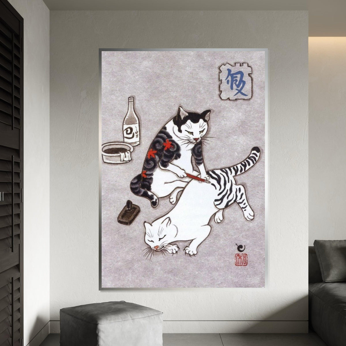 Japanese Cat Painting Canvas Print – Whimsical Cat Painting Another Cat Wall Art for Home & Office, Unique Oriental Animal Lover Gift