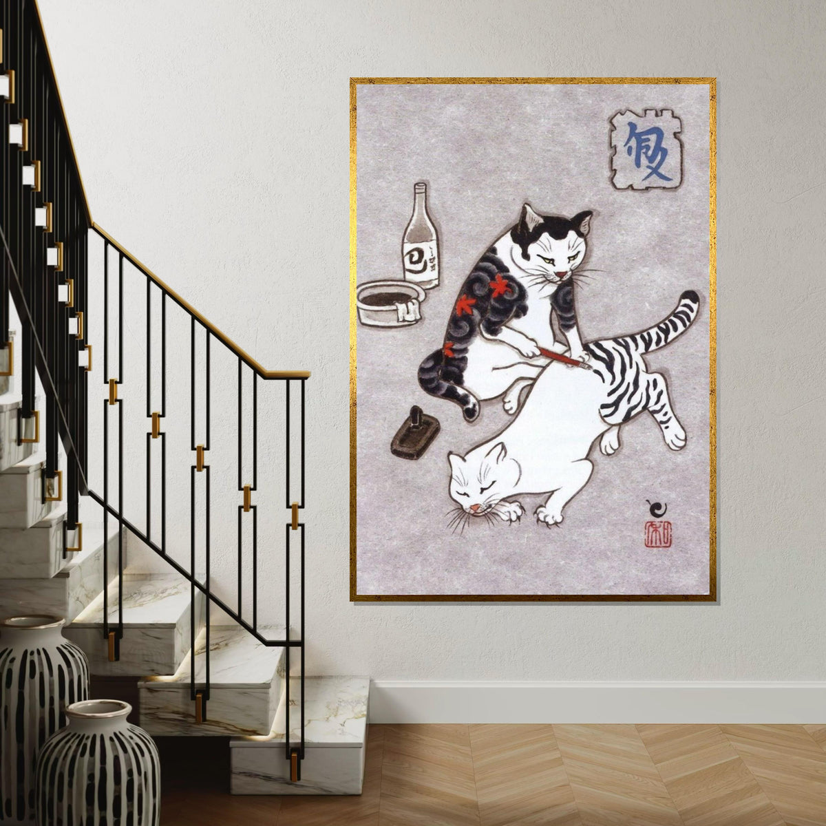 Japanese Cat Painting Canvas Print – Whimsical Cat Painting Another Cat Wall Art for Home & Office, Unique Oriental Animal Lover Gift