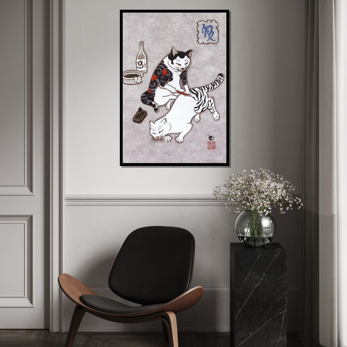 Japanese Cat Painting Canvas Print – Whimsical Cat Painting Another Cat Wall Art for Home & Office, Unique Oriental Animal Lover Gift