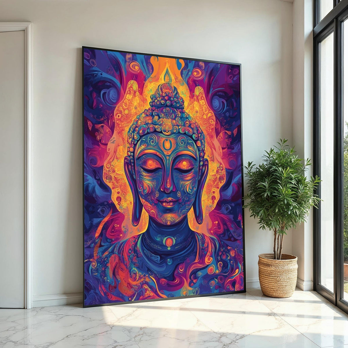 Psychedelic Buddha Canvas Art Print,Vibrant Neon Meditation Wall Decor for Yoga Studio,Living Room,Mindfulness Spaces,Modern Spiritual Gift