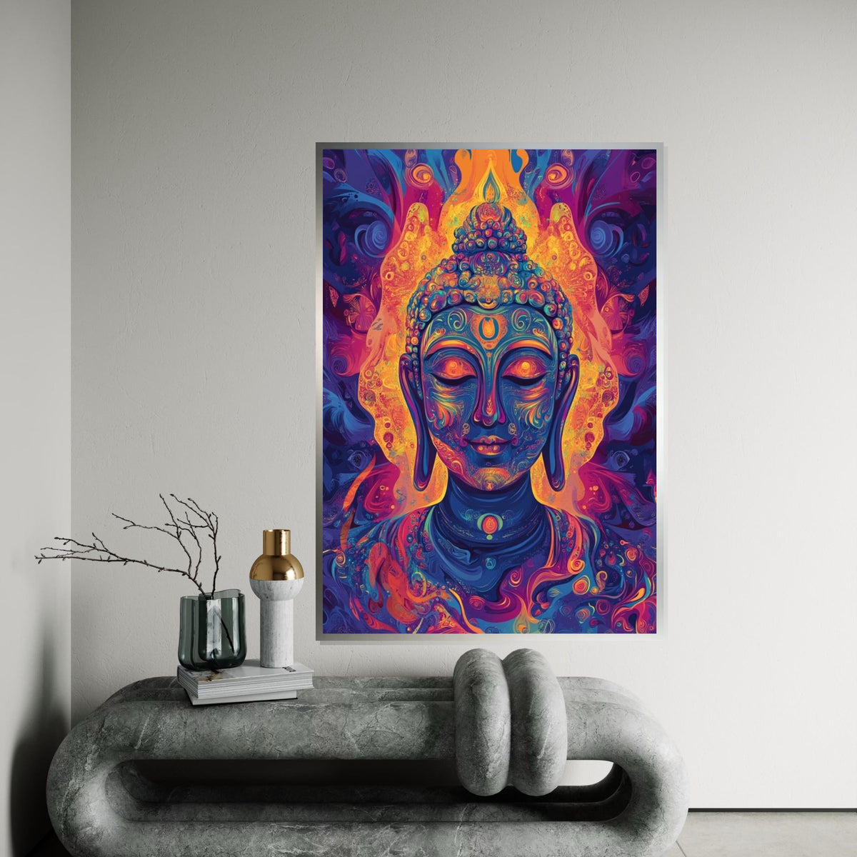 Psychedelic Buddha Canvas Art Print,Vibrant Neon Meditation Wall Decor for Yoga Studio,Living Room,Mindfulness Spaces,Modern Spiritual Gift