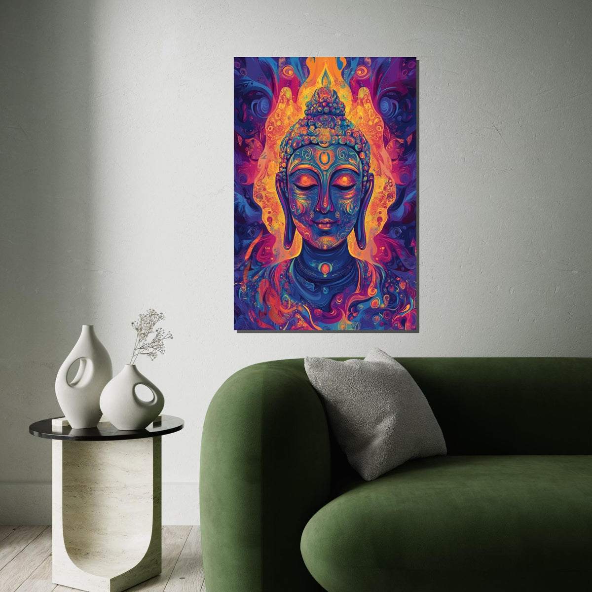 Psychedelic Buddha Canvas Art Print,Vibrant Neon Meditation Wall Decor for Yoga Studio,Living Room,Mindfulness Spaces,Modern Spiritual Gift