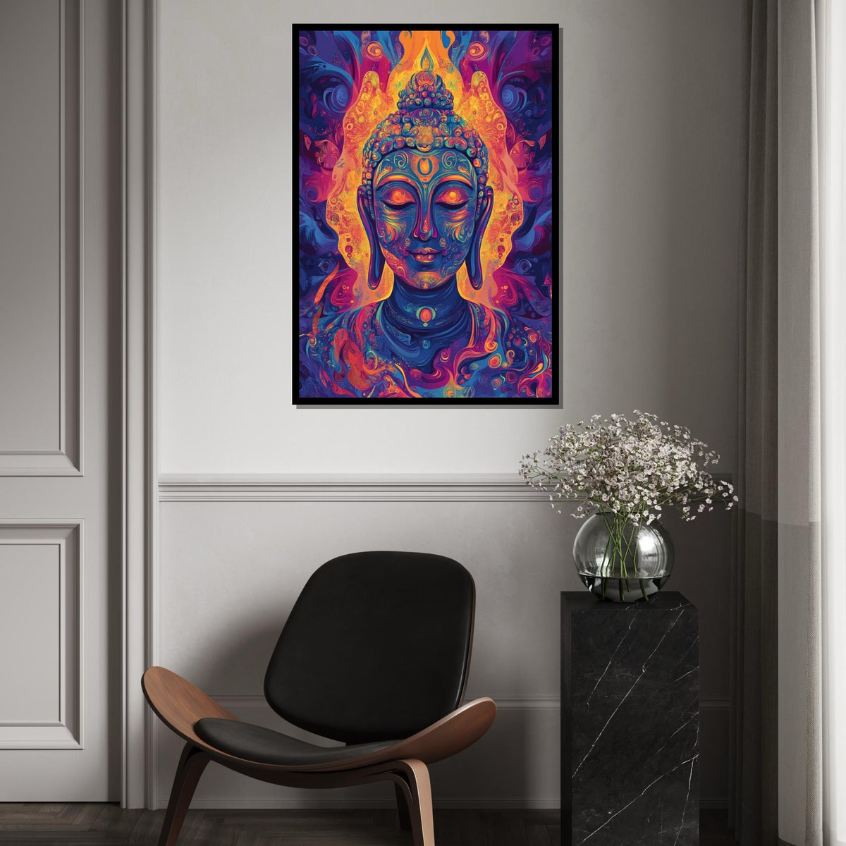 Psychedelic Buddha Canvas Art Print,Vibrant Neon Meditation Wall Decor for Yoga Studio,Living Room,Mindfulness Spaces,Modern Spiritual Gift