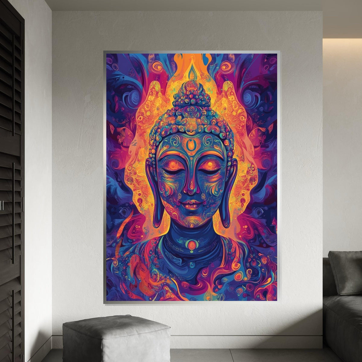Psychedelic Buddha Canvas Art Print,Vibrant Neon Meditation Wall Decor for Yoga Studio,Living Room,Mindfulness Spaces,Modern Spiritual Gift