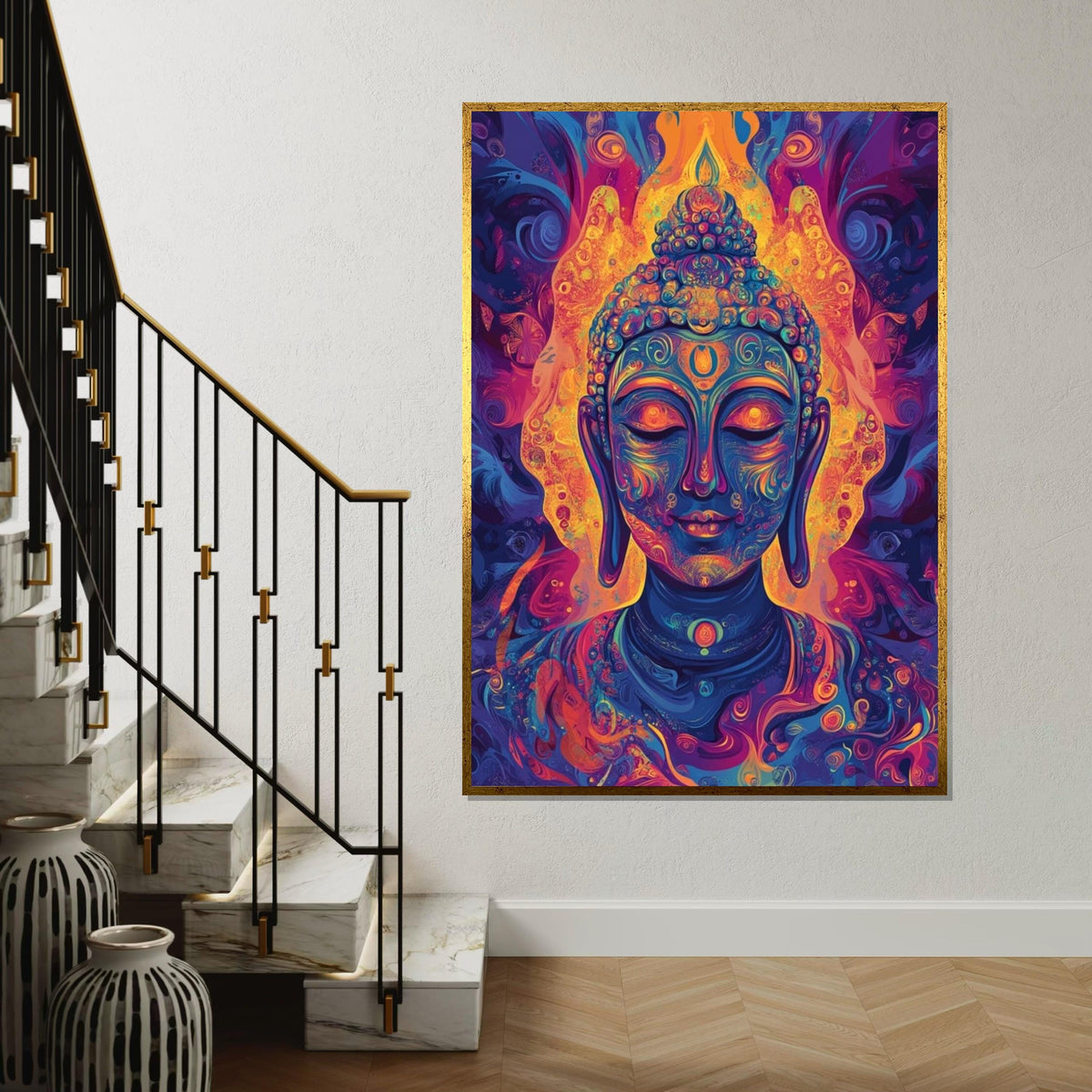 Psychedelic Buddha Canvas Art Print,Vibrant Neon Meditation Wall Decor for Yoga Studio,Living Room,Mindfulness Spaces,Modern Spiritual Gift