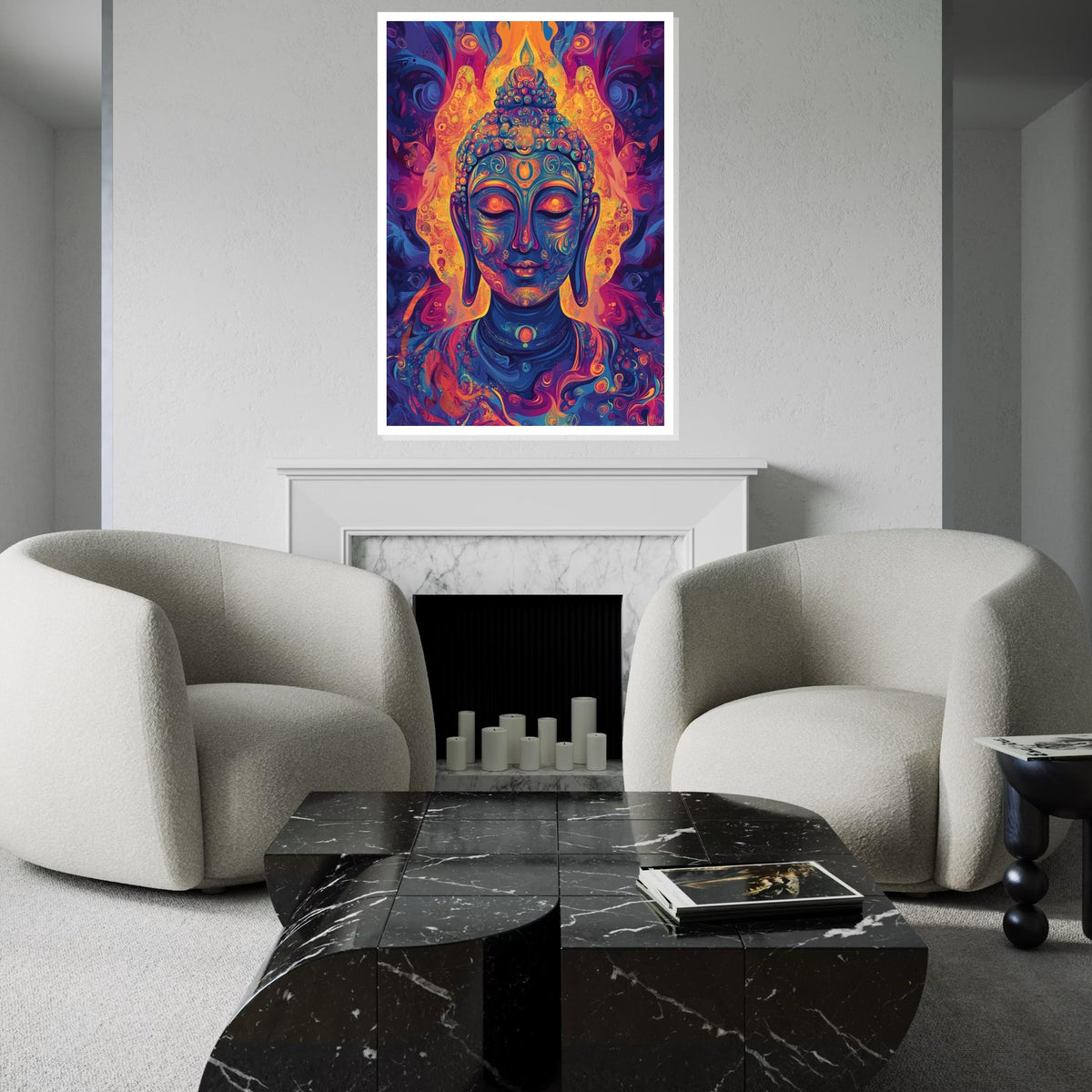 Psychedelic Buddha Canvas Art Print,Vibrant Neon Meditation Wall Decor for Yoga Studio,Living Room,Mindfulness Spaces,Modern Spiritual Gift