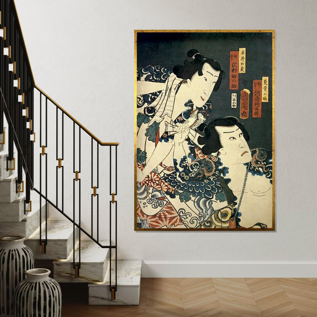 Vintage Ukiyo-e Kabuki Actor Duo Canvas Print – Japanese Woodblock Style Wall Art for Home, Theater Room & Oriental Décor, Unique Gift