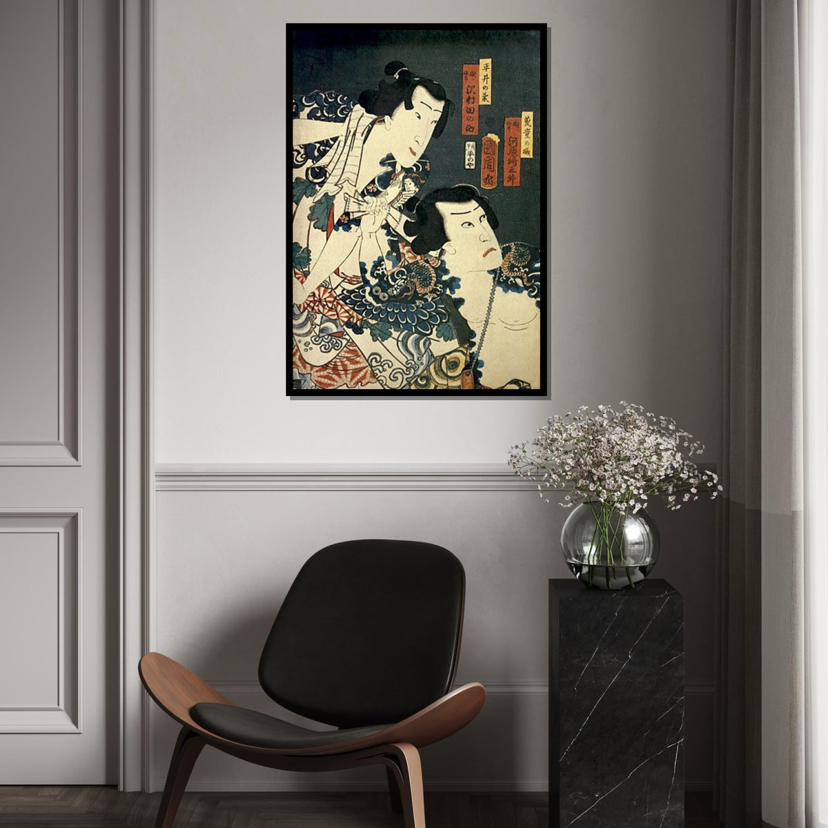 Vintage Ukiyo-e Kabuki Actor Duo Canvas Print – Japanese Woodblock Style Wall Art for Home, Theater Room & Oriental Décor, Unique Gift