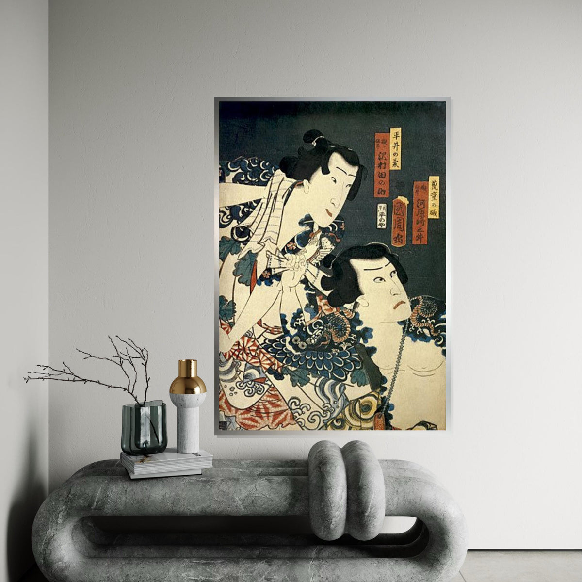 Vintage Ukiyo-e Kabuki Actor Duo Canvas Print – Japanese Woodblock Style Wall Art for Home, Theater Room & Oriental Décor, Unique Gift