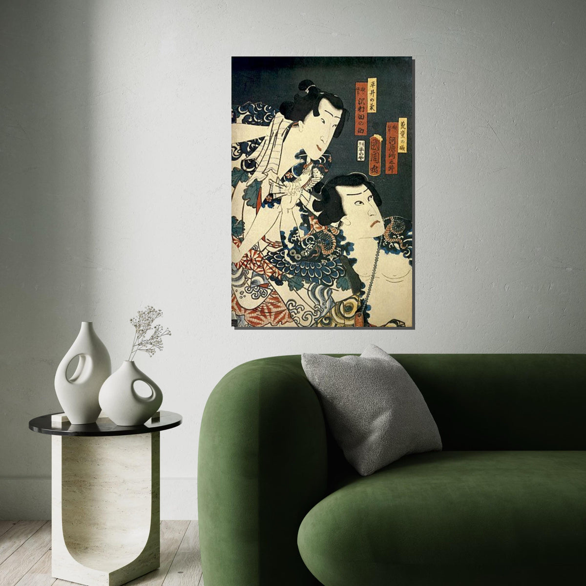 Vintage Ukiyo-e Kabuki Actor Duo Canvas Print – Japanese Woodblock Style Wall Art for Home, Theater Room & Oriental Décor, Unique Gift