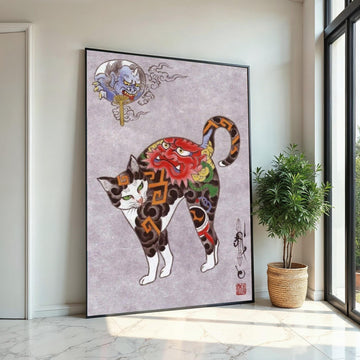 Japanese Oni Tattoo Cat Canvas Print – Traditional Demon Mask Cat Art for Gothic Wall Decor, Oriental Mythical Animal Home & Office Gift