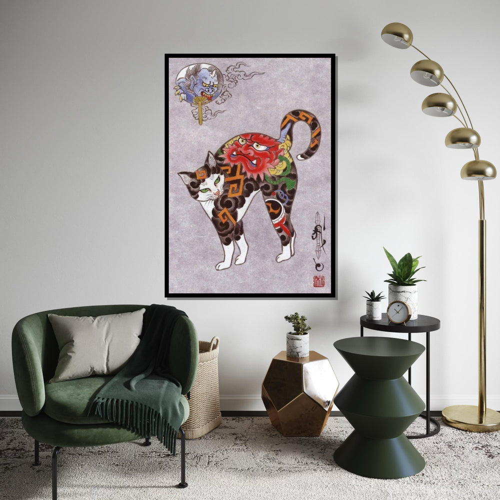 Japanese Oni Tattoo Cat Canvas Print – Traditional Demon Mask Cat Art for Gothic Wall Decor, Oriental Mythical Animal Home & Office Gift
