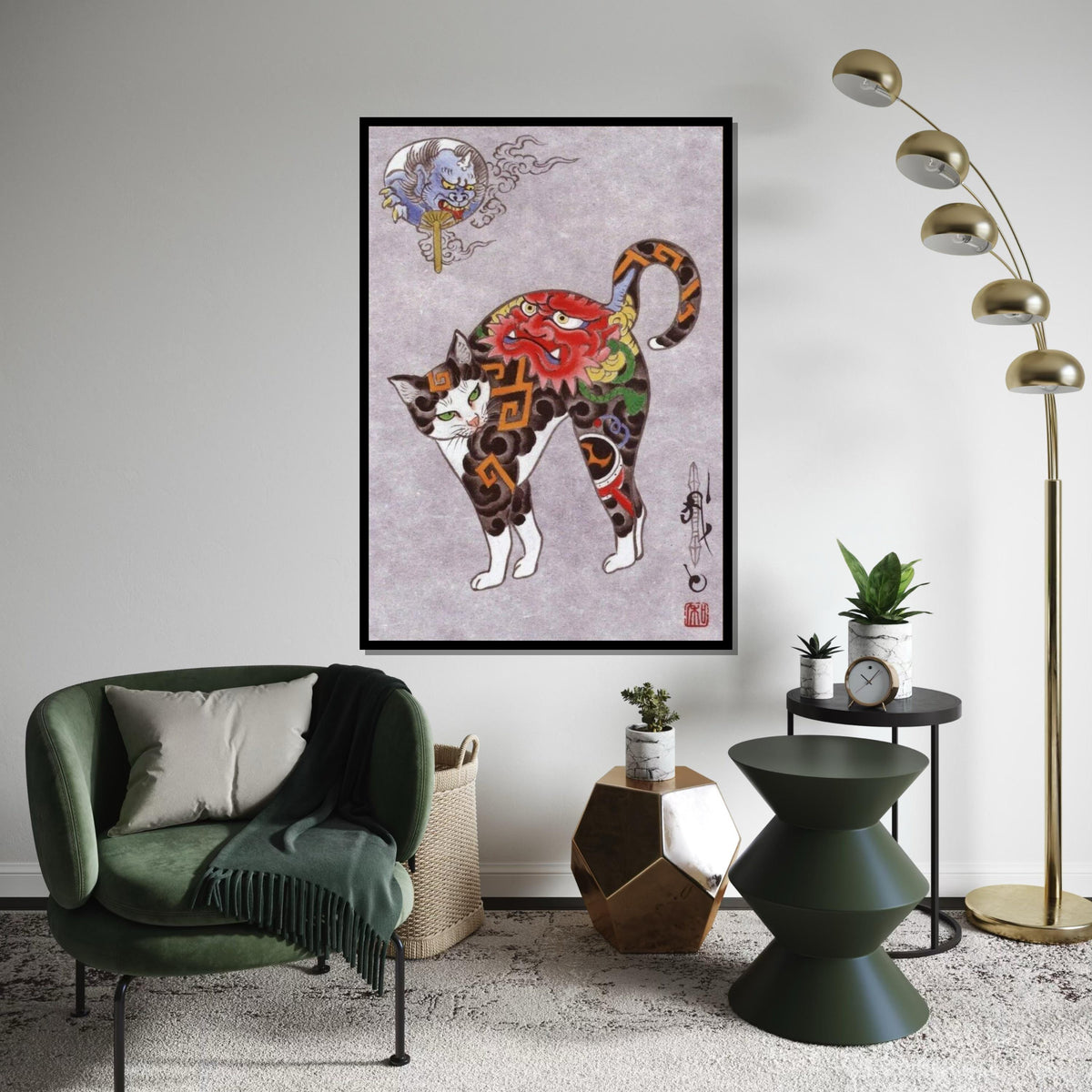 Japanese Oni Tattoo Cat Canvas Print – Traditional Demon Mask Cat Art for Gothic Wall Decor, Oriental Mythical Animal Home & Office Gift