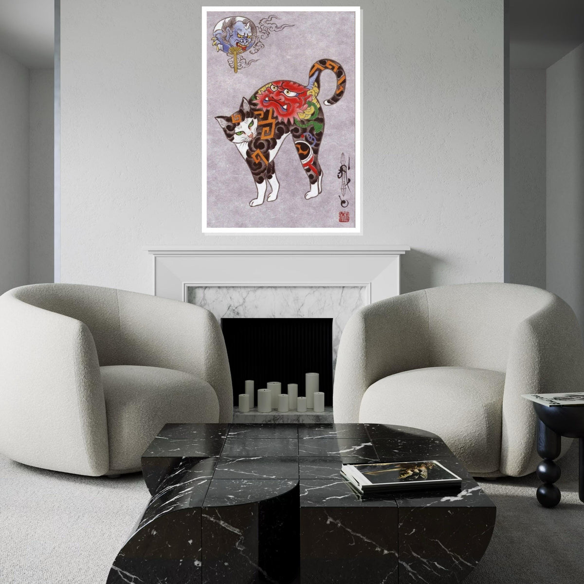 Japanese Oni Tattoo Cat Canvas Print – Traditional Demon Mask Cat Art for Gothic Wall Decor, Oriental Mythical Animal Home & Office Gift